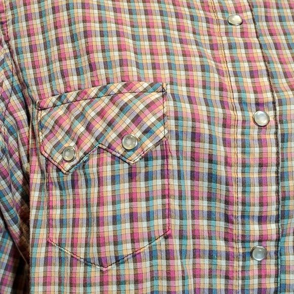 Wrancher Sz L Ladies Multi-color Plaid Pearl Snap Western Blouse Shirt Muted - Picture 4 of 8